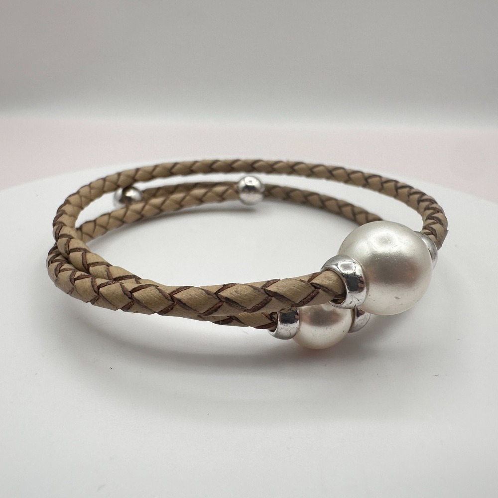 90s Braided Tan Leather Wrap Bracelet with Silver Tone & Cream Pearl Boho